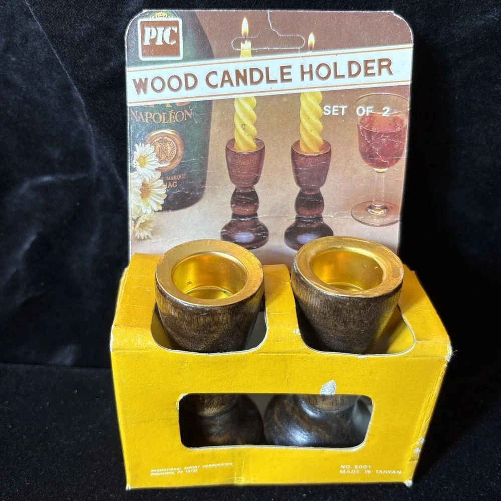 New NOS Wooden Candle Holders Set of 2